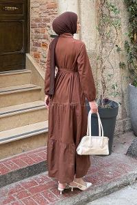 Lamelif Yarım Düğme Detaylı Terikoton Elbise Çikolata Kahve