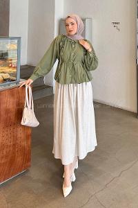 Lamelif Büzgü Detaylı Tesettür Gömlek Haki