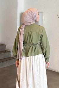 Lamelif Büzgü Detaylı Tesettür Gömlek Haki