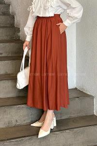 Lamelif Cep Detaylı Keten Etek Koyu Kiremit