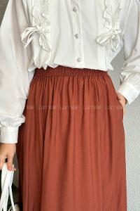 Lamelif Cep Detaylı Keten Etek Koyu Kiremit