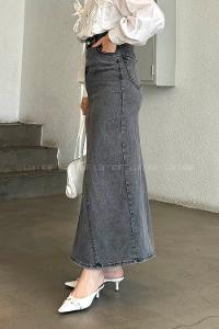 Lamelif Düz Denim Etek Füme