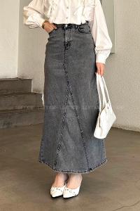 Lamelif Düz Denim Etek Füme