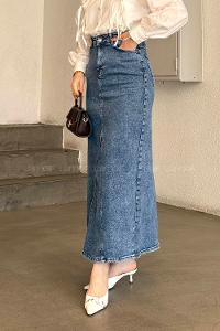 Lamelif Düz Denim Etek Mavi