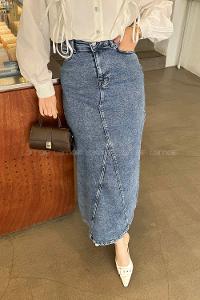 Lamelif Düz Denim Etek Mavi