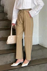 Beige Cotton Elastic Waist Material Pants