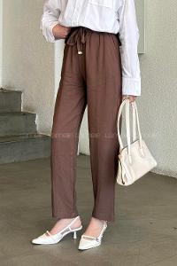 Brown Cotton Elastic Waist Material Pants
