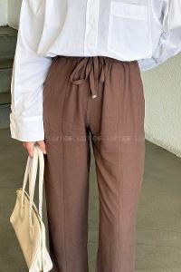 Brown Cotton Elastic Waist Material Pants