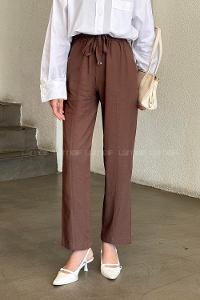 Brown Cotton Elastic Waist Material Pants