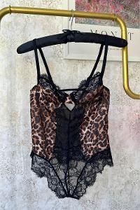 Lamelif Saten Leopar Dantel  Body Suit