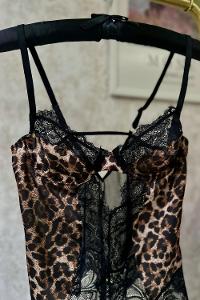 Lamelif Saten Leopar Dantel  Body Suit