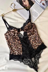 Lamelif Saten Leopar Dantel  Body Suit