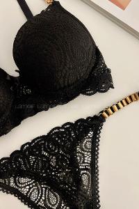 Lamelif Dantelli Destekli Sütyen Takım Siyah Renk