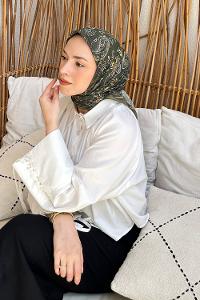 Lamelif Retro Desen Soft Eşarp Haki