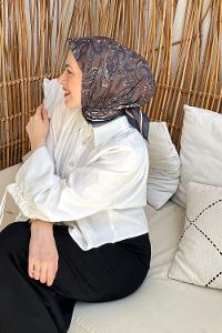 Lamelif Retro Desen Soft Eşarp Kahverengi Lacivert