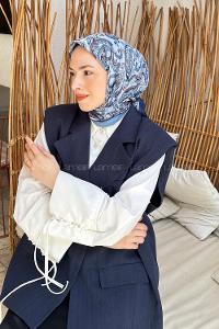 Blue Cotton Fabric Striped Flowering Straight Printed Scarf