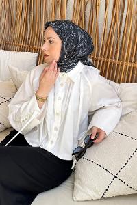 Lamelif Retro Desen Soft Eşarp Siyah Gri