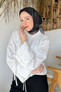 Lamelif Retro Desen Soft Eşarp Siyah Sütlü Kahve