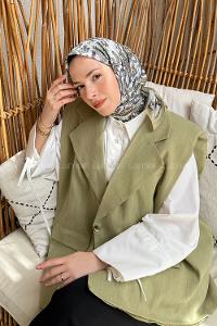 Lamelif Retro Desen Soft Eşarp Yağ Yeşili Kırık Beyaz