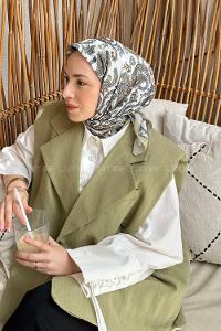 Lamelif Retro Desen Soft Eşarp Yağ Yeşili Kırık Beyaz