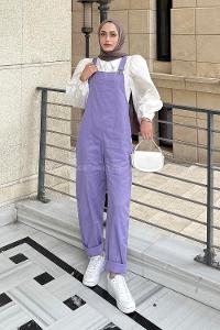 Lamelif Cep Detaylı Salopet Lila