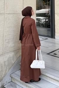 Lamelif Ön Bağlama Detaylı Tesettür Elbise Acı Kahve
