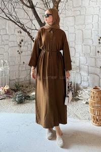 Lamelif Pat Detaylı Elbise Kahve