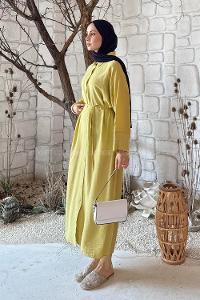 Lamelif Pat Detaylı Elbise Sarı