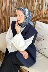 Lamelif Retro Desen Soft Eşarp Lacivert