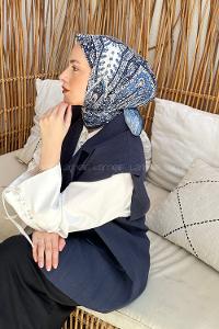 Lamelif Retro Desen Soft Eşarp Lacivert