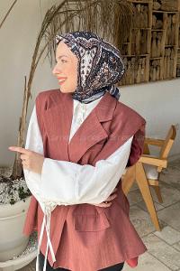 Lamelif Retro Desen Soft Eşarp Lacivert Kiremit