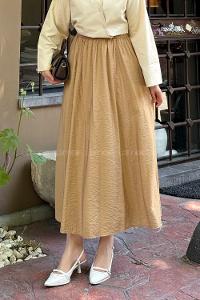 Lamelif Cep Detaylı Keten Etek Koyu Kahverengi