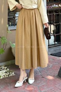 Lamelif Cep Detaylı Keten Etek Koyu Kahverengi