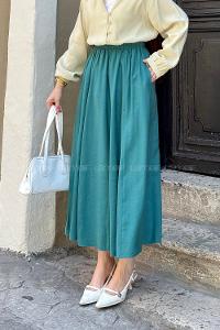 Lamelif Cep Detaylı Keten Etek Zümrüt Yeşili