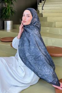 Anthracite Cotton Striped Flowering Printed Shawl