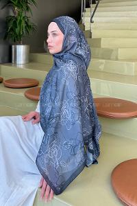 Anthracite Cotton Striped Flowering Printed Shawl