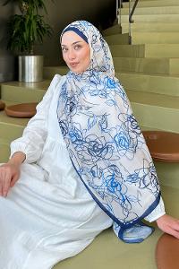 Lamelif Çicek Desen Soft Şal Ekru Gece Mavisi