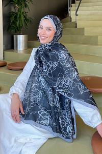 Lamelif Çicek Desen Soft Şal Siyah Gri