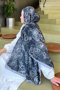 Lamelif Çicek Desen Soft Şal Siyah Gri