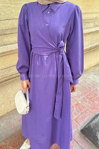 Lamelif Kuşaklı Terikoton Elbise Mor