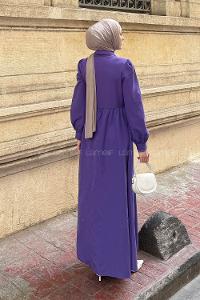 Lamelif Kuşaklı Terikoton Elbise Mor