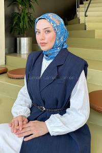 Lamelif Çiçek Desen Modal Eşarp Kot Mavisi