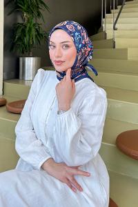 Lamelif Çiçek Desen Modal Eşarp Lacivert