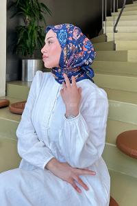 Lamelif Çiçek Desen Modal Eşarp Lacivert