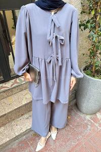 Lamelif Ön Bağlama Tunik İkili Tesettür Takım Gri