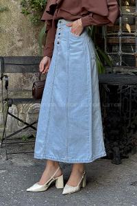 Lamelif Düğme Detaylı Kuplu Tesettür Kot Etek Açık Mavi