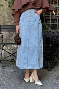 Lamelif Düğme Detaylı Kuplu Tesettür Kot Etek Açık Mavi