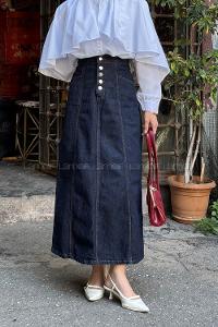 Lamelif Düğme Detaylı Kuplu Tesettür Kot Etek Kot Mavisi