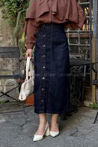 Lamelif Düğmeli Kot Etek Kot Mavisi