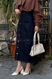 Lamelif Düğmeli Kot Etek Kot Mavisi